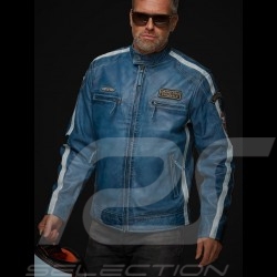 Veste cuir Gulf Lucky Number 69 Racing Team Classic pilote Bleu blue blau leather jacket Lederjacke homme men herren