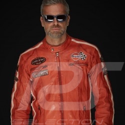 Veste cuir Gulf Dakota Super Sport Racing Team Classic pilote Orange leather jacket lederjacke homme men herren