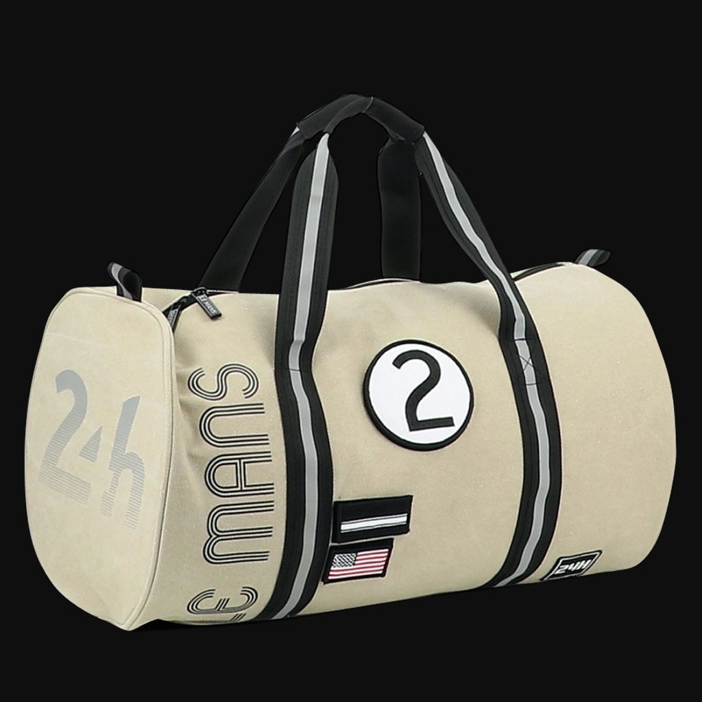 beige duffle bag