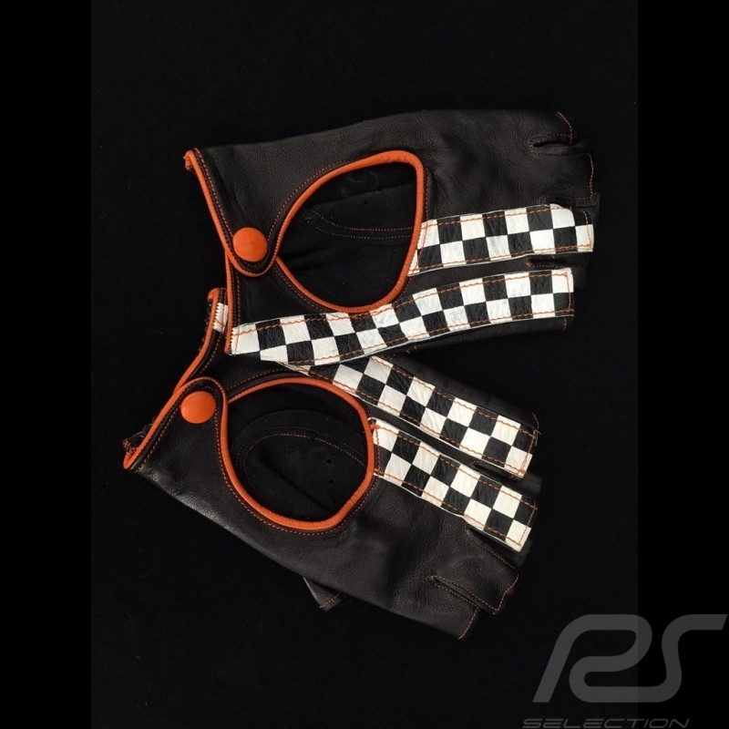 Driving Gloves fingerless mittens leather Racing black / orange checkered flag