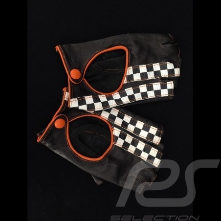 Fahren Handschuhe fingerless Leder Racing schwarz / orange Zielflagge