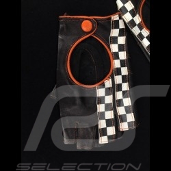Gants de conduite sans doigts mitaines cuir Racing noir / orange drapeau à damier gloves Handschuhe