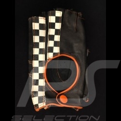 Gants de conduite sans doigts mitaines cuir Racing noir / orange drapeau à damier gloves Handschuhe
