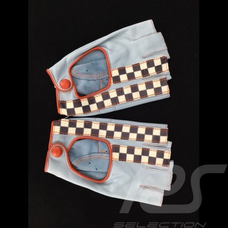 Fahren Handschuhe fingerless Leder Racing blau / orange Zielflagge