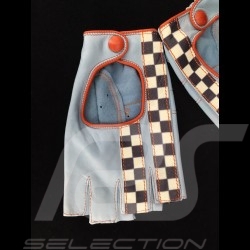 Gants de conduite sans doigts mitaines cuir Racing bleu / orange drapeau à damier gloves Handschuhe