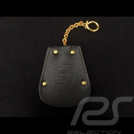 Porte-clés Porsche etui cuir noir Reutter chainette plaqué or rétractable key pouch Schlüsseltäschchen 