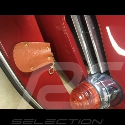 Porte-clés Porsche etui cuir marron Reutter chainette plaqué or rétractable key pouch Schlüsseltäschchen 