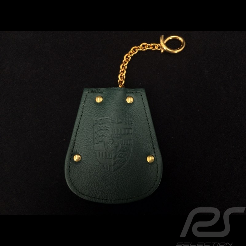 Porte-clés Porsche etui cuir vert Reutter chainette plaqué or rétractable key pouch Schlüsseltäschchen Porte-clés Porsche etui cuir vert Reutter chainette plaqué or rétractable key pouch Schlüsseltäschchen