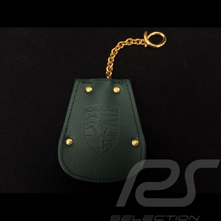 Porte-clés Porsche etui cuir vert Reutter chainette plaqué or rétractable key pouch Schlüsseltäschchen 