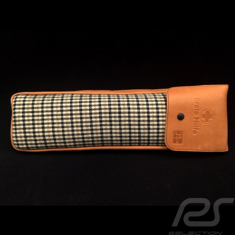 Original Porsche Pepita brown Houndstooth fabric / Brown Recaro leather bag with flap - first aid kit included