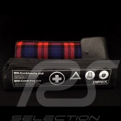 Original Porsche Tartan plaid fabric / Black Recaro leather bag with flap - first aid kit included