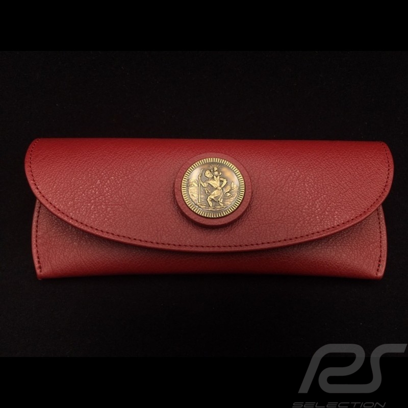 Brillenetui rot Leder Reutter für Porsche 356 magnetisch mit Metallheiliger Christophe Medaillon