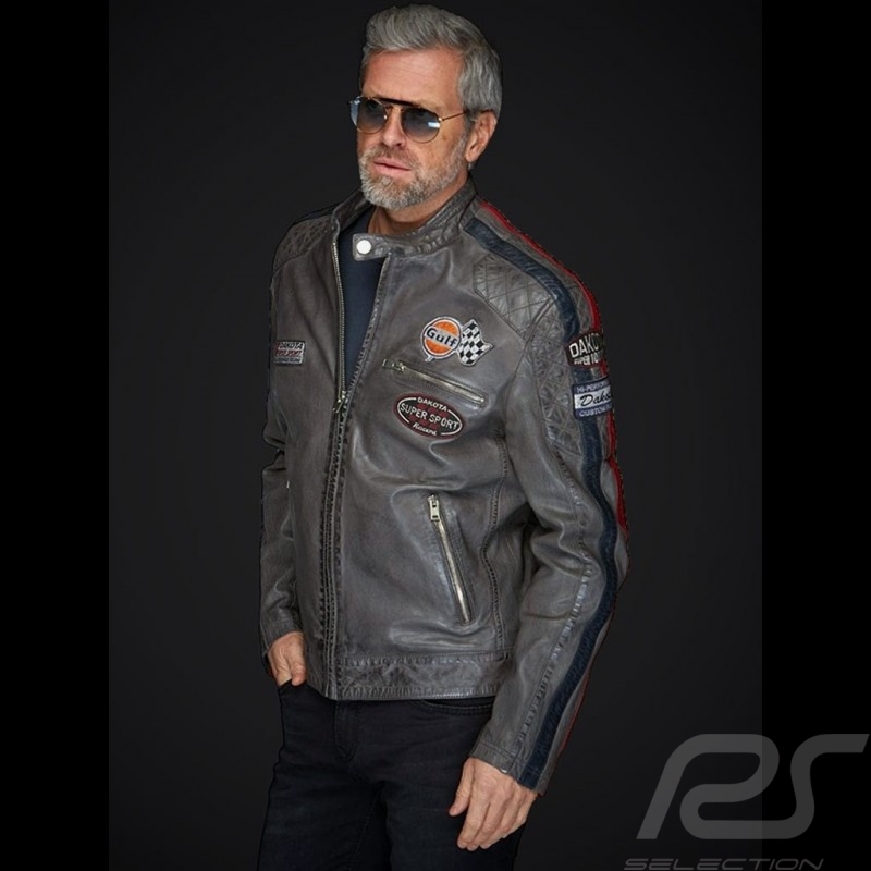 Veste cuir Gulf Dakota Super Sport Racing Team Classic pilote Gris  anthracite Jacket Jacke homme men herren