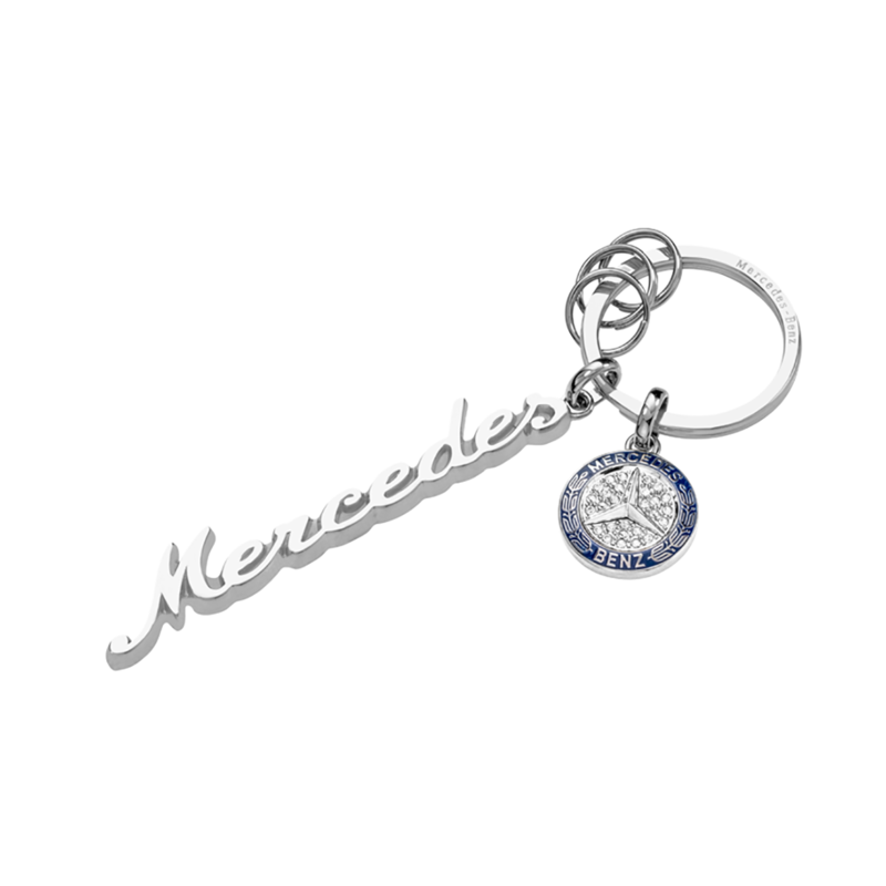 Porte-clés keyring Schlüsselanhänger Mercedes Classic Logo Vintage lettrage lettering schriftzug Swarovski argent silver silber 