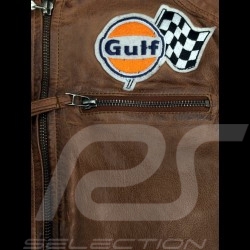 Veste cuir Gulf Dakota Super Sport Racing Team Classic pilote Brun Jacket Jacke leather Leder femme woman Damen