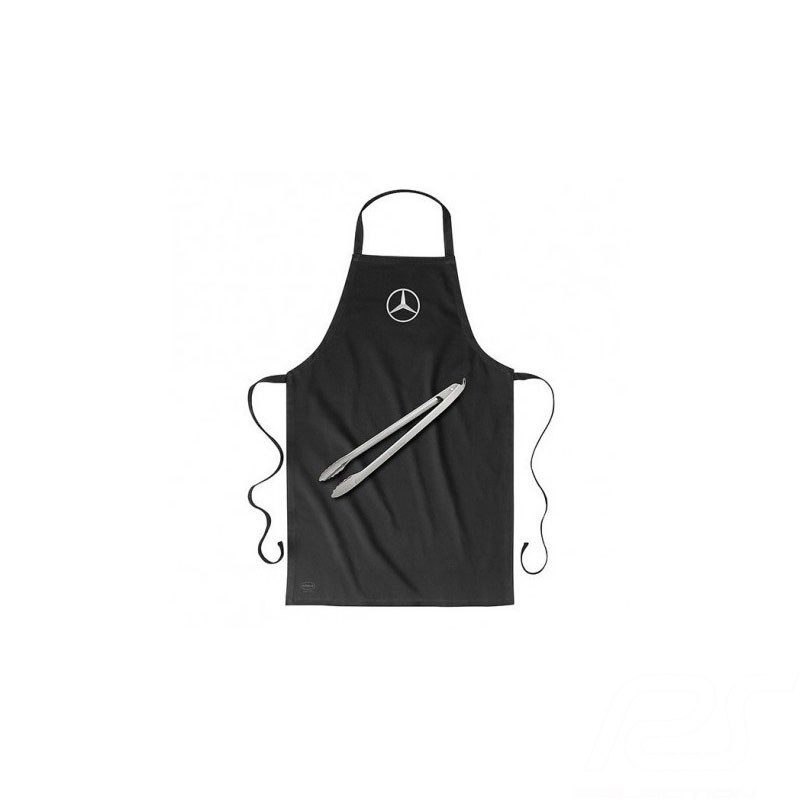 Ensemble barbecue Mercedes tablier coton noir et pince acier set with black cotton apron and steel tong grillset mit schwarzer b