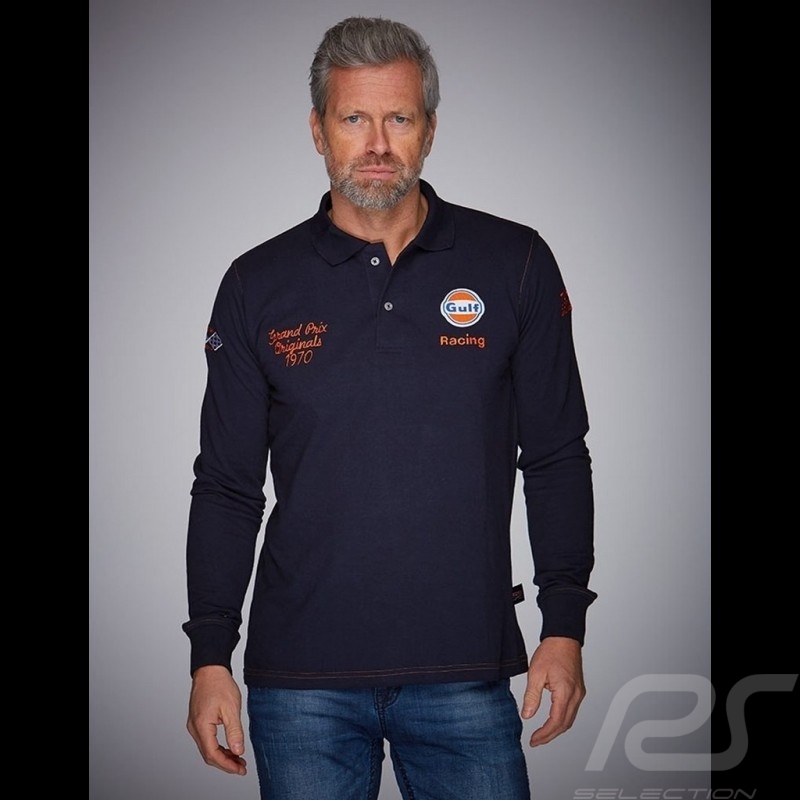 Gulf Racing Poloshirt lange Arme Laguna Seca Corkscrew Marineblau / orange - Herren