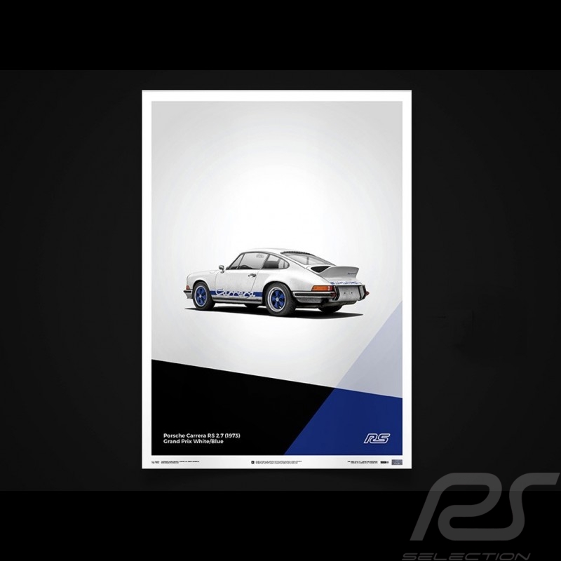Porsche Poster Affiche Plakat 911 Carrera RS 1973 Blanc white weiß Grand Prix / bleu blue blau Unique & Limited 16002