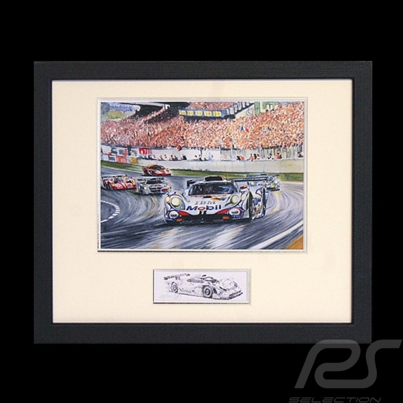 Porsche Poster 911 GT1 Sieger Le Mans 1998 Schwarz Rahmen mit Schwarz-Weiß Skizze Limitierte Auflage Uli Ehret - 201