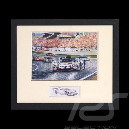 Porsche Poster 911 GT1 Sieger Le Mans 1998 Schwarz Rahmen mit Schwarz-Weiß Skizze Limitierte Auflage Uli Ehret - 201