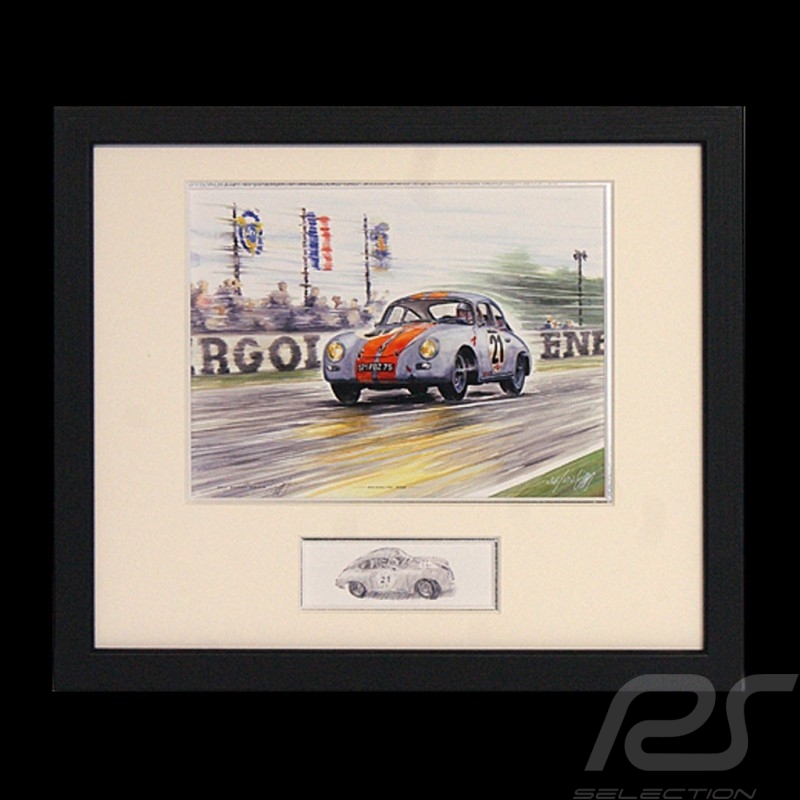 Porsche 356 Carrera grey / orange strips in race wood frame black with black and white sketch Limited edition Uli Ehret - 262