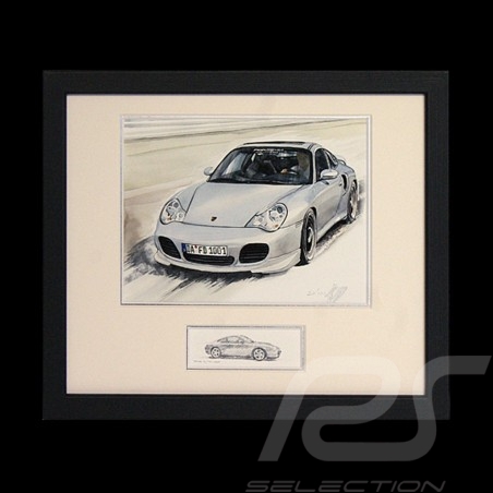 Porsche 911 type 996 Turbo white wood frame black with black and white sketch Limited edition Uli Ehret - 104B