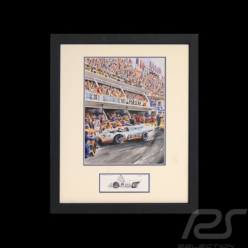 Porsche 917 k Gulf n° 20 LM 1970 Siffert McQueen cadre bois noir avec esquisse noir et blanc Edition limitée Uli Ehret - 318