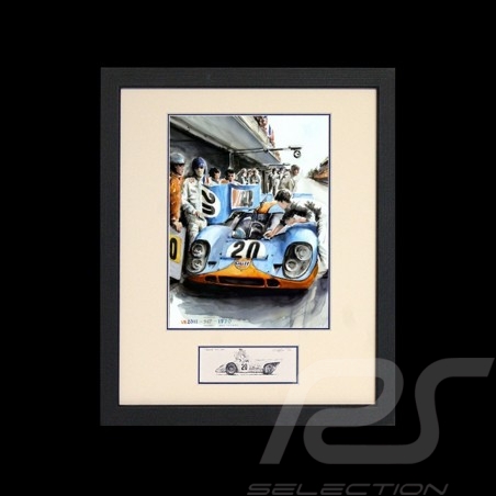Porsche 917 K Gulf n° 20 Mc Queen Le Mans 1970 black wood frame with black and white sketch Limited edition Uli Ehret - 324