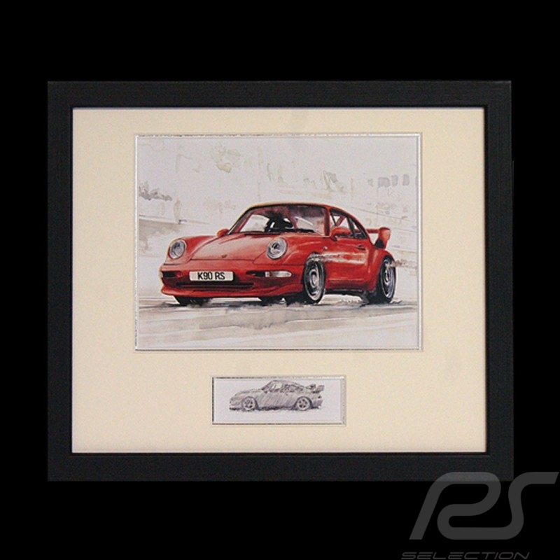 Porsche 964 RS 3.8 red black wood frame with black and white sketch Limited edition Uli Ehret - 322