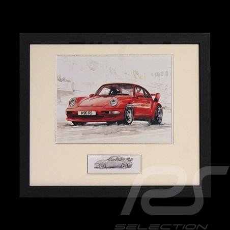 Porsche 964 RS 3.8 red black wood frame with black and white sketch Limited edition Uli Ehret - 322