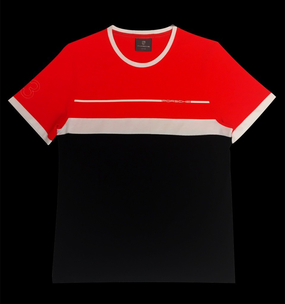 black white red shirt