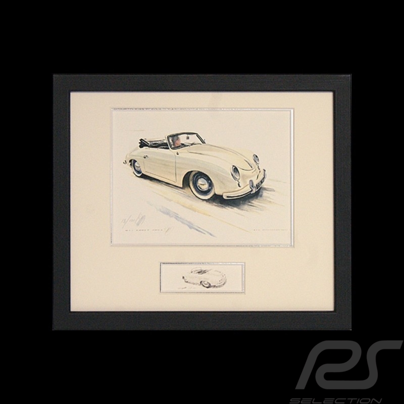 Porsche 356 Pre A cabrio ivoire cadre bois alu avec esquisse noir et blanc Edition limitée Uli Ehret - 421