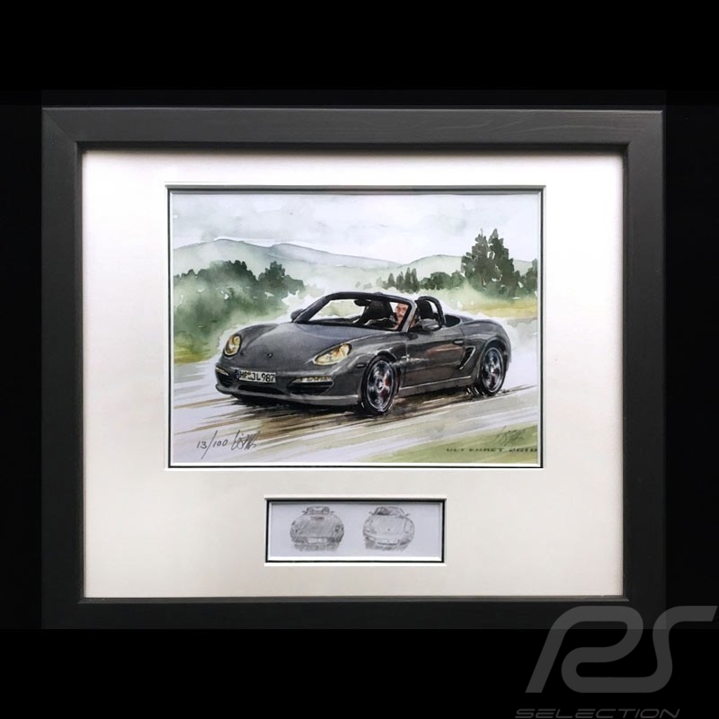 Porsche Boxster 987 grau Aluminium Rahmen mit Schwarz-Weiß Skizze Limitierte Auflage Uli Ehret - 308