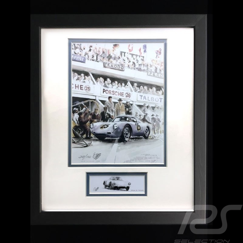 Porsche 550 A RS n° 25 24h du Mans 1958 Aluminium Rahmen mit Schwarz-Weiß Skizze Limitierte Auflage Uli Ehret - 309