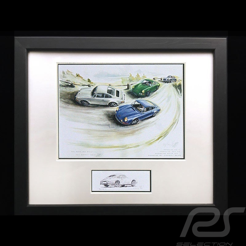 Porsche Poster 911 RS / 911 S / 356 A Trio Schwarz Holzrahmen mit Schwarz-Weiß Skizze Limitierte Auflage Uli Ehret - 315