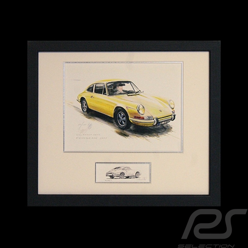 Porsche 911 Classique jaune cadre bois noir avec esquisse noir et blanc Edition limitée Uli Ehret - 527 gelb