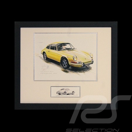 Porsche 911 classical yellow wood frame black with black and white sketch Limited edition Uli Ehret - 527 gelb