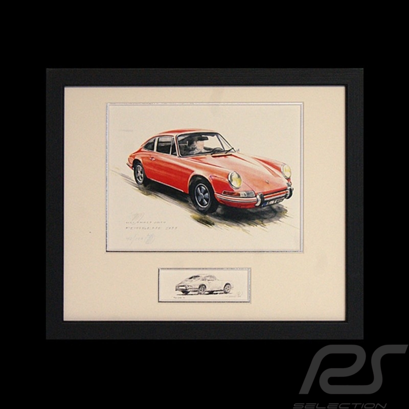 Porsche 911 Classique rouge cadre bois noir avec esquisse noir et blanc Edition limitée Uli Ehret - 527 rot Porsche 911 Classique rouge cadre bois noir avec esquisse noir et blanc Edition limitée Uli Ehret - 527 rot