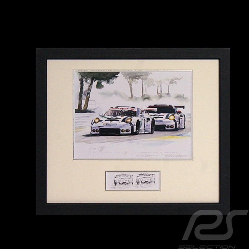 Duo Porsche 911 typ 991 RSR Le Mans Arnage Schwarz Rahmen mit Schwarz-Weiß Skizze Limitierte Auflage Uli Ehret - 556