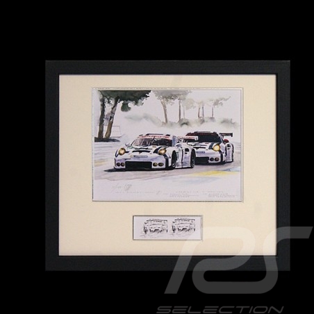 Duo Porsche 911 type 991 RSR Le Mans Arnage wood frame black with black and white sketch Limited edition Uli Ehret - 556