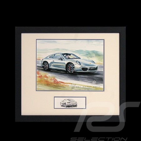 Porsche 911 type 991 Carrera silver grey wood frame black with black and white sketch Limited edition Uli Ehret - 139