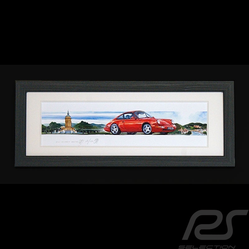 Porsche 911 Type 964 Red Mannheim - Heidelberg wood frame black 15 x 35 cm Limited edition Uli Ehret - 685
