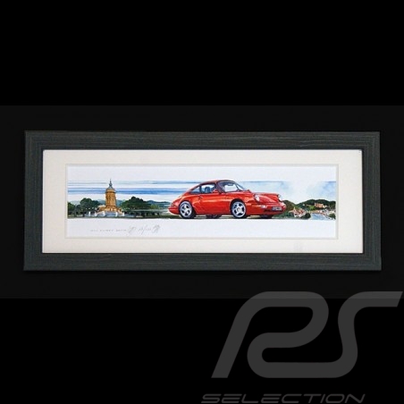 Porsche 911 Type 964 Rot Mannheim - Heidelberg Schwarz Holzrahmen 15 x 35 cm Limitierte Auflage Uli Ehret - 810