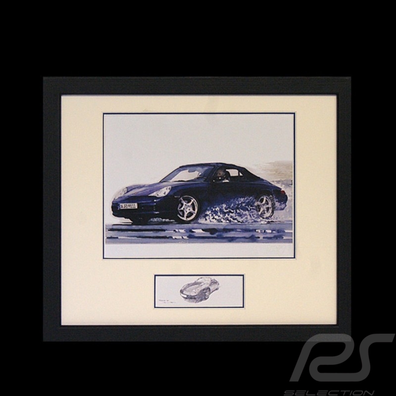 Porsche 911 type 996 Cabrio noire cadre bois noir avec esquisse noir et blanc Edition limitée Uli Ehret - 104