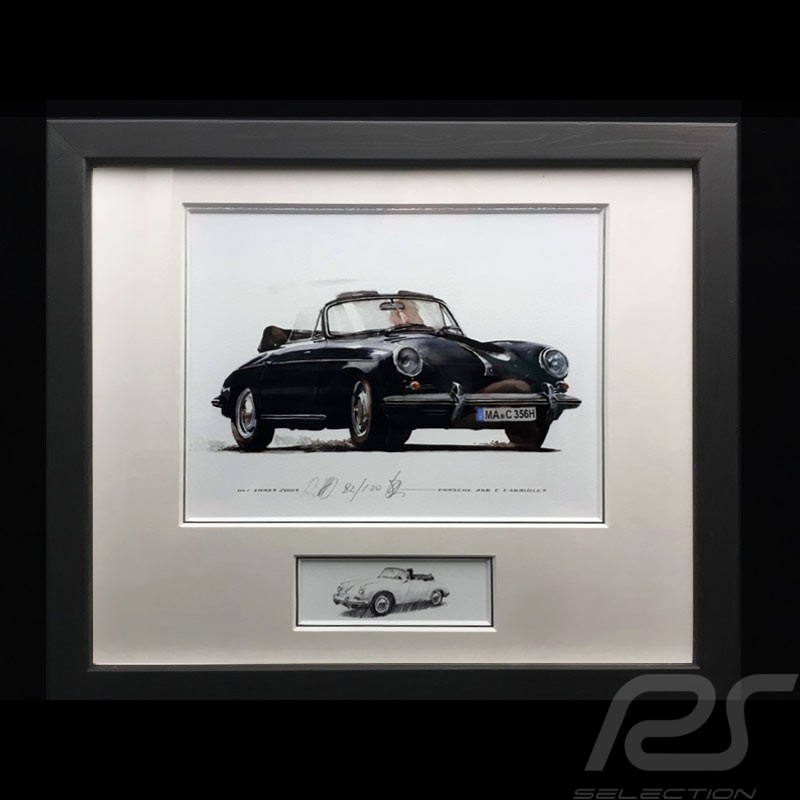 Porsche 356 C Cabriolet schwarz Aluminium Rahmen mit Schwarz-Weiß Skizze Limitierte Auflage Uli Ehret - 139B