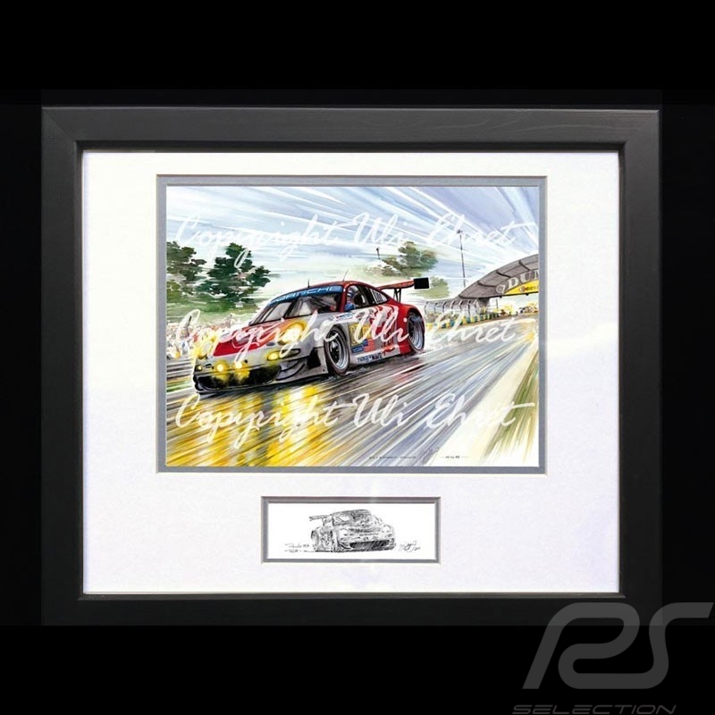 Porsche 911 typ 997 RSR Le Mans 2009 n° 30 Schwarz Rahmen mit Schwarz-Weiß Skizze Limitierte Auflage Uli Ehret - 263