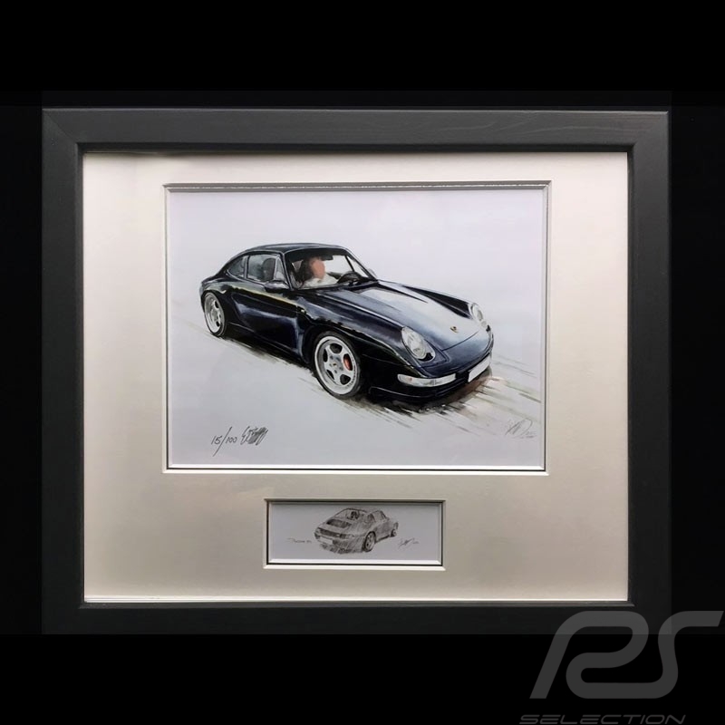 Porsche 911 type 993 Carrera noire black schwarz cadre bois alu avec esquisse noir et blanc Edition limitée Uli Ehret - 365