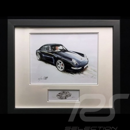 Porsche 911 type 993 Carrera black wood frame aluminum with black and white sketch Limited edition Uli Ehret - 365