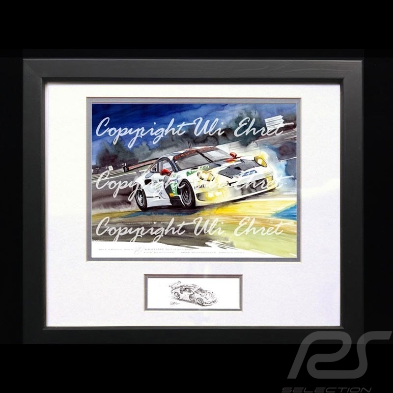 Porsche 911 typ 991 RSR Le Mans Mulsanne n° 91Aluminium Rahmen mit Schwarz-Weiß Skizze Limitierte Auflage Uli Ehret - 263