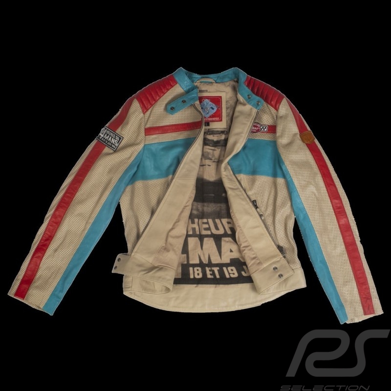 Lederjacke 24h Le Mans 66 Hotroad beige / türkis / rot - damen
